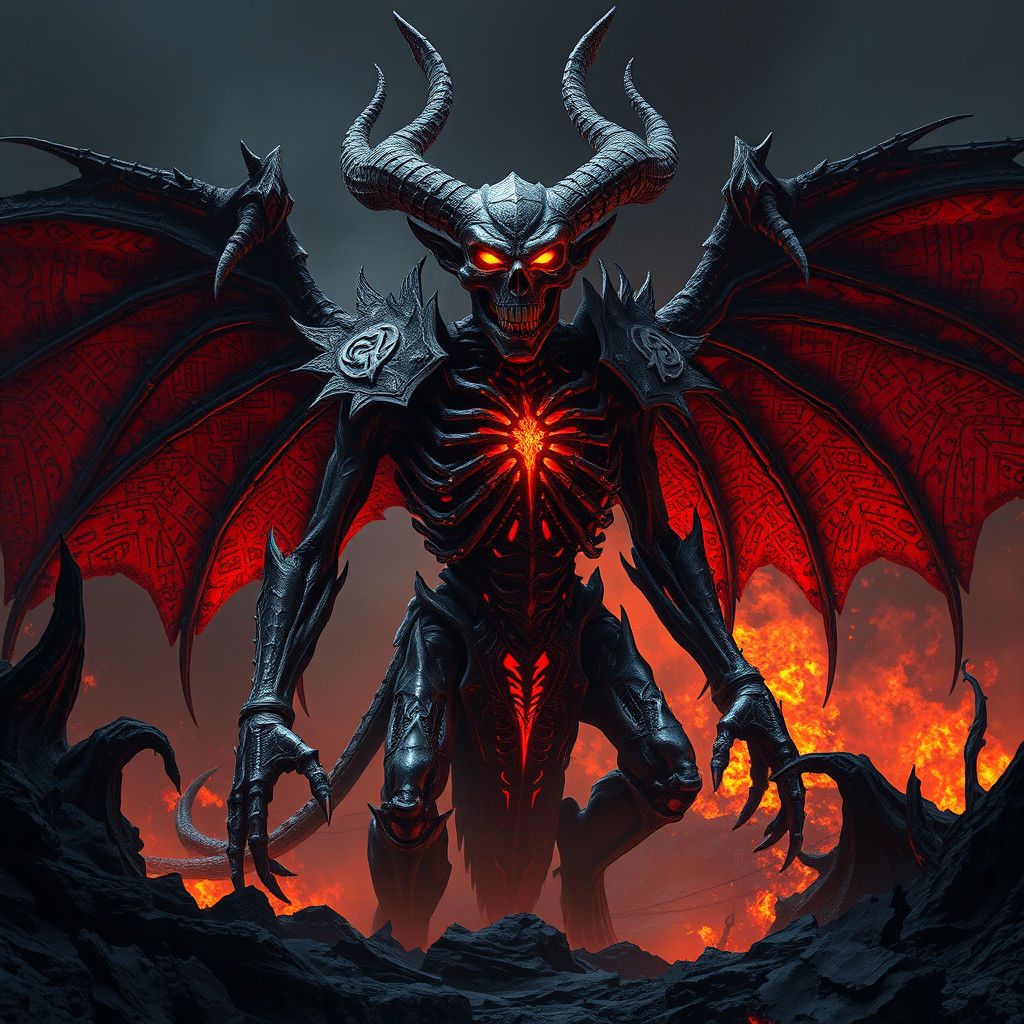 Spectral Demon with Fiery Wings in Gothic Landscape