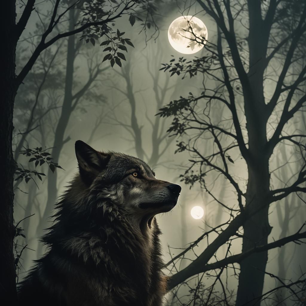 Wolf Man Awaits Moon in Misty Forest
