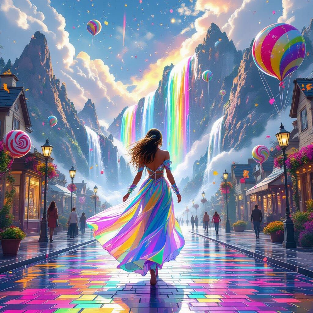 Woman in Iridescent Costume in Rainbow Wonderland
