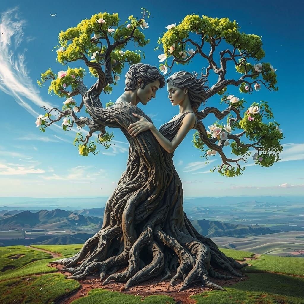 Surreal Trees Entwined in Ethereal Kiss