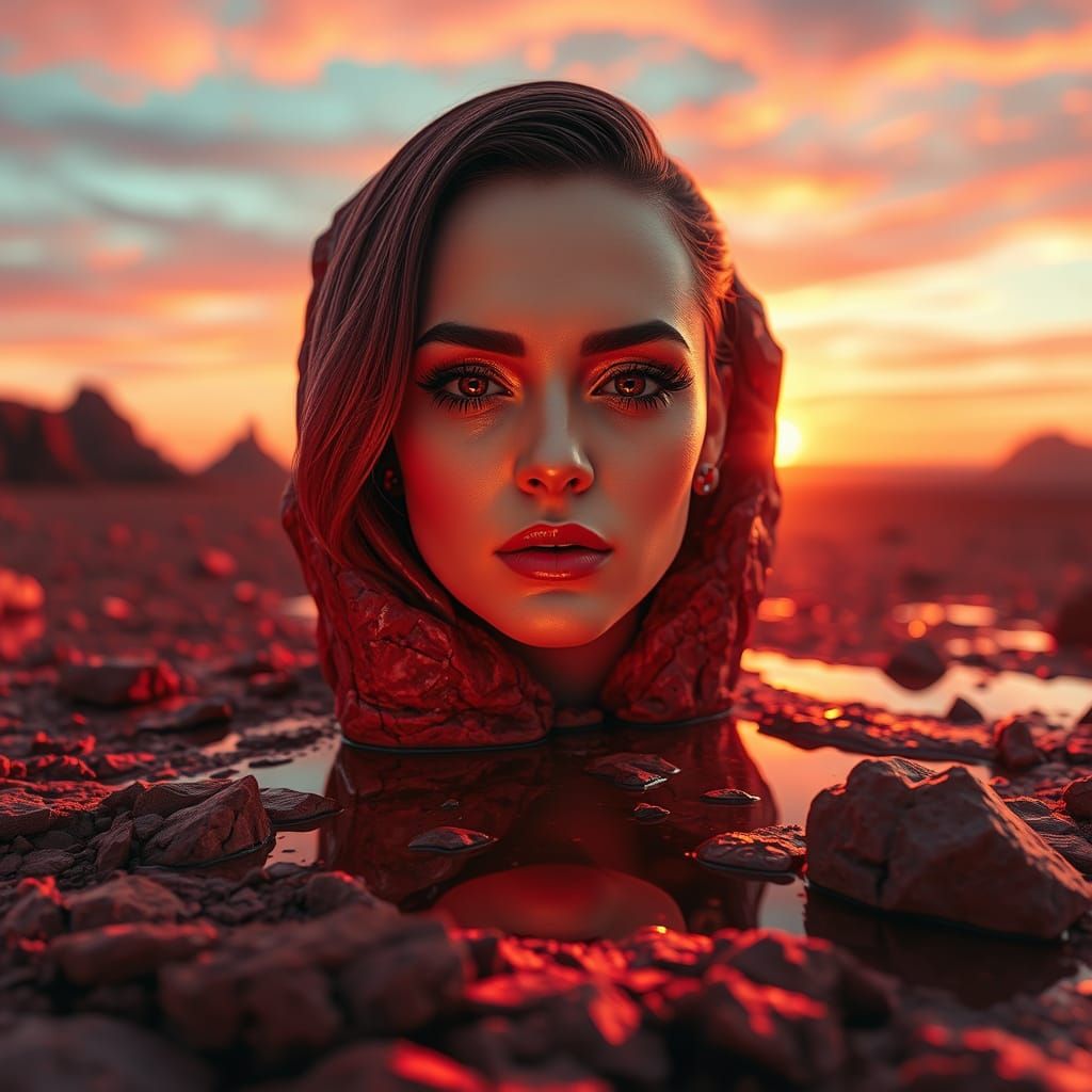 Serene Alien Goddess Emerge from Rusty Red Terrain in Ethere...