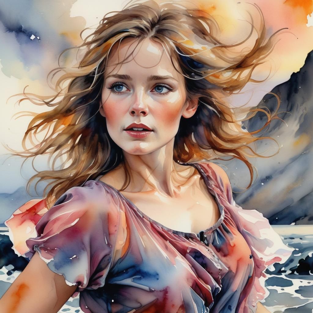 Norwegian Woman Dancing: Watercolor Portrait in Klimt Style