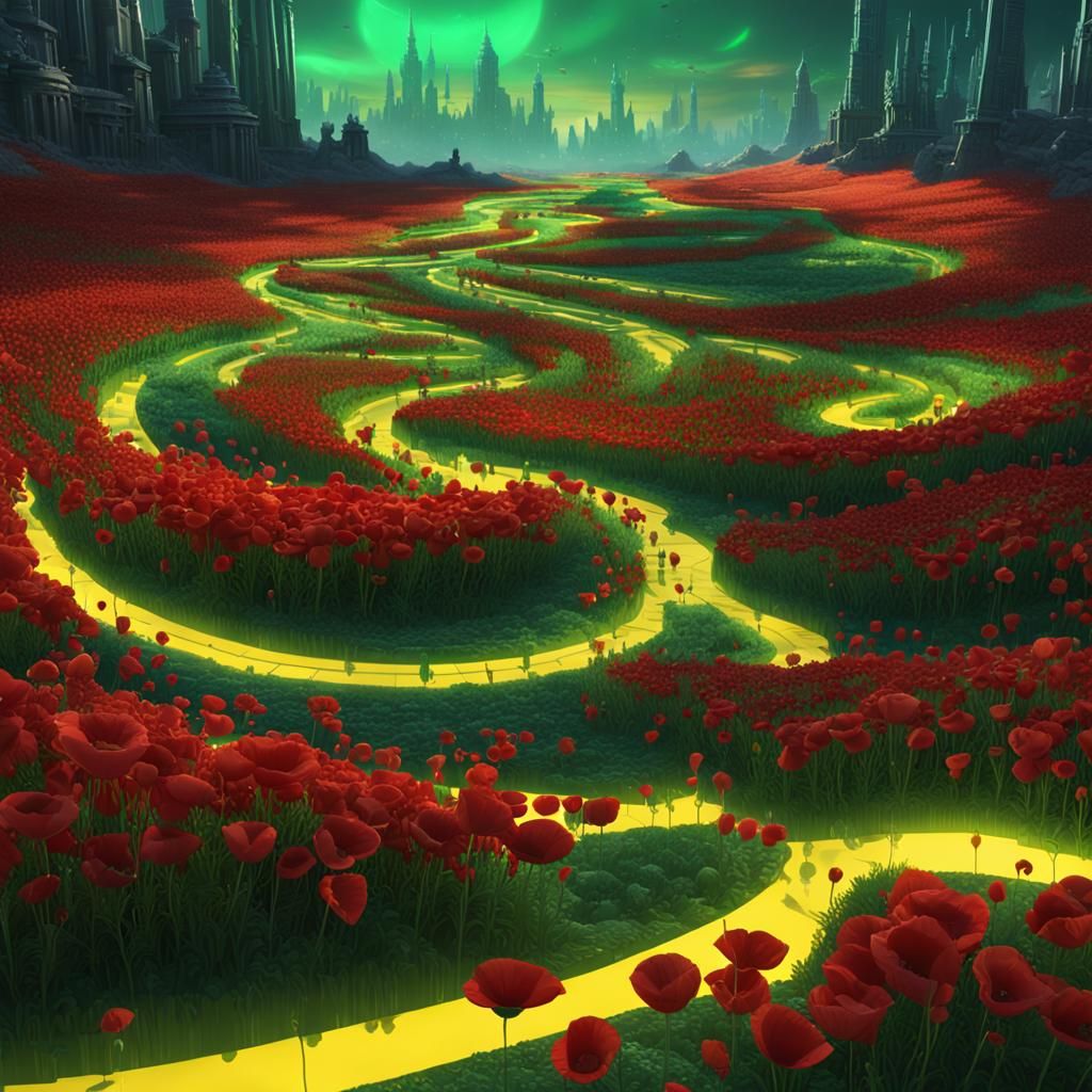 Futuristic Emerald City in Poppy Field, Fantasy Art
