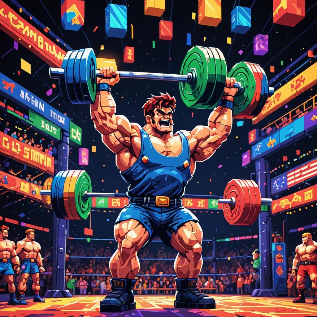8-Bit Strongman Lifts Barbell in Retro Pixel Art