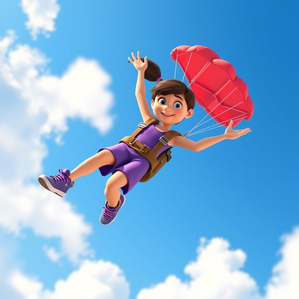 Girl Skydiving with Parachute in Pixar 3D Style