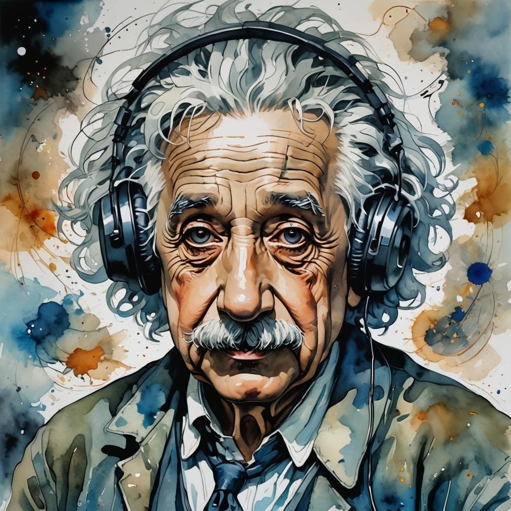 Einstein with Bluetooth Headset, Watercolor Comic Illustrati...