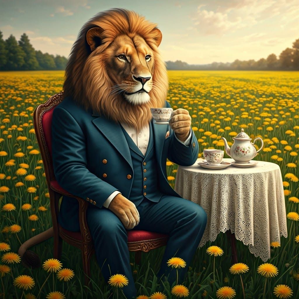 Regal Lion Sips Tea in a Field of Dandelions, Classical Fant...