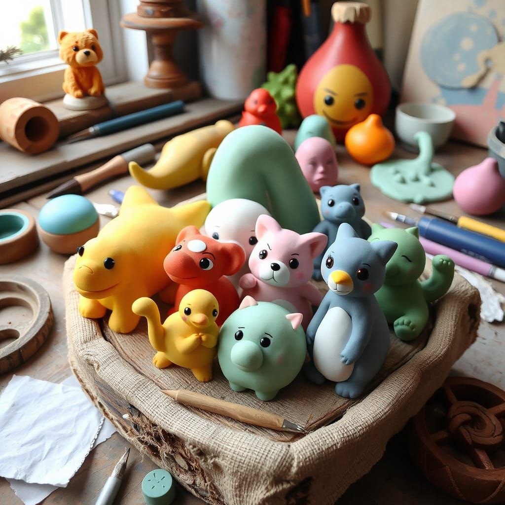 Vibrant Clay Sculptures on a Messy Table in Cartoon Style