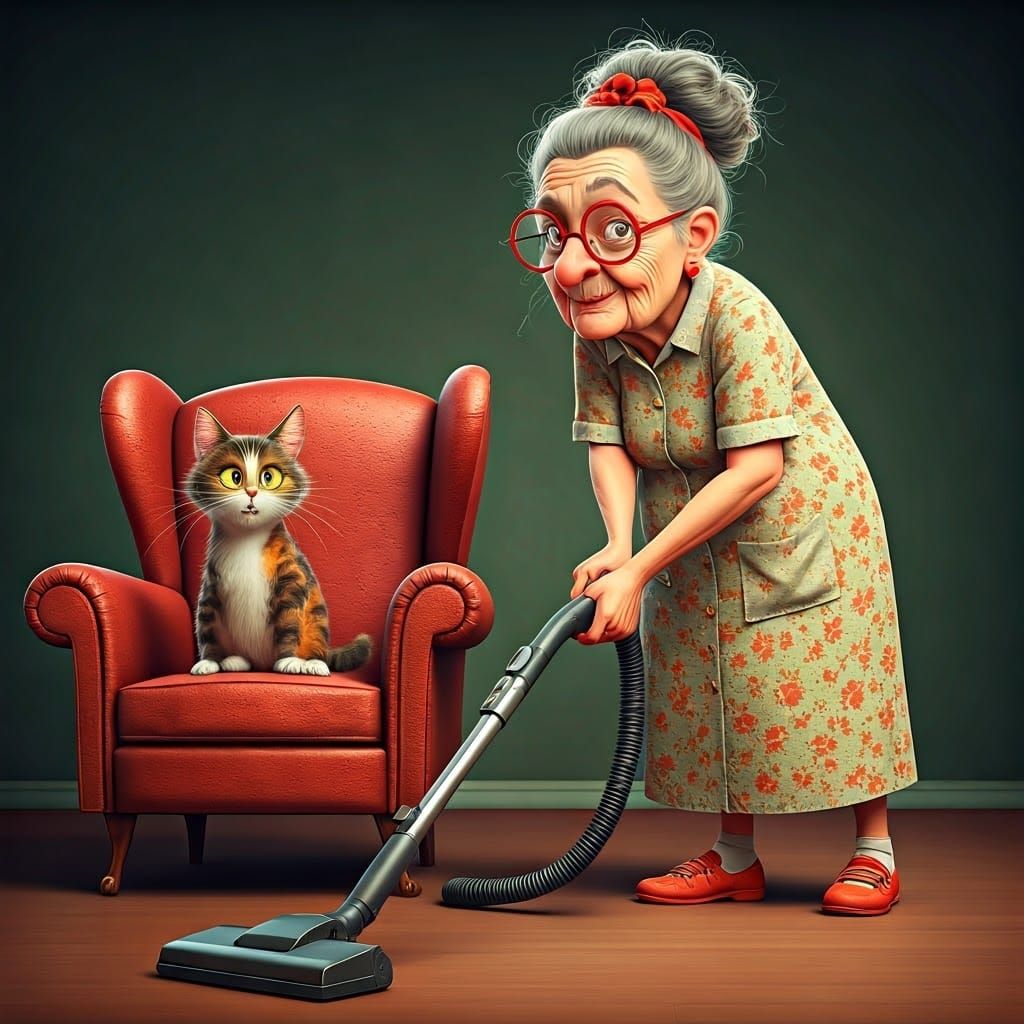 Whimsical Senior Woman Vacuuming with a Frazzled Cat