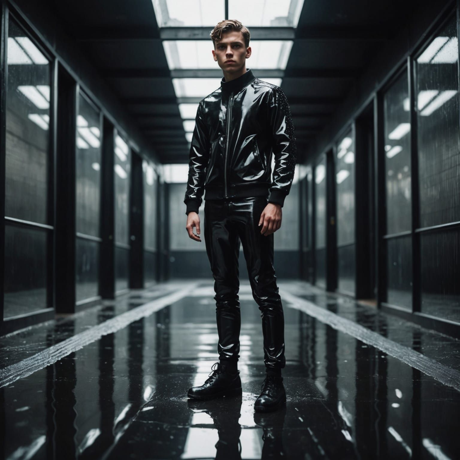 Young Man Posing in Shiny Rubber: Cinematic Low-Angle Shot