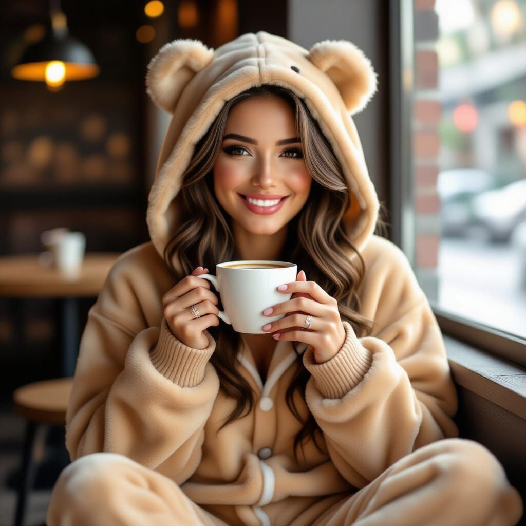 Woman in Teddy Bear Suit Drinks Coffee