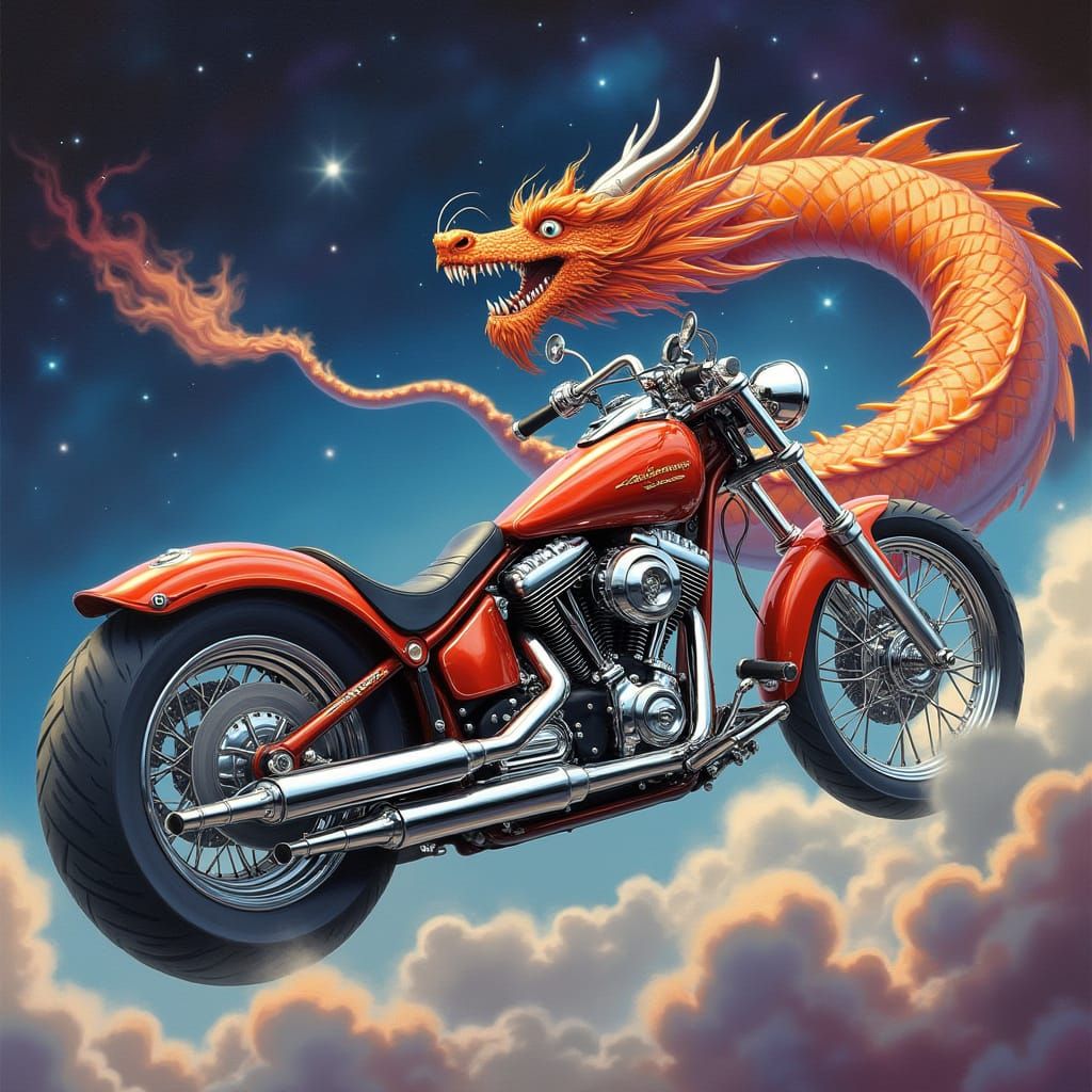 Dragon Motorcycle Soaring Through Nebula in Airbrush Style