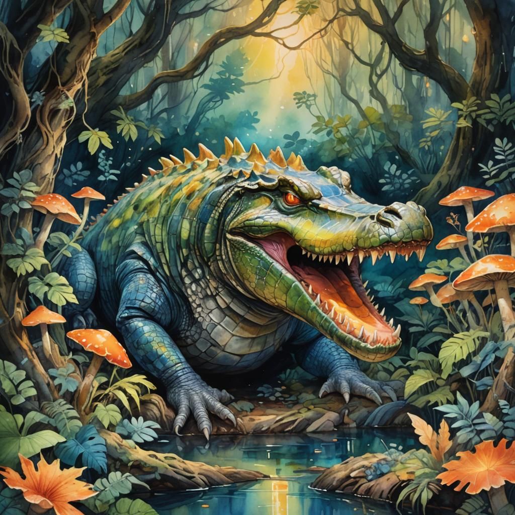 Mystical Crocodile in Ancient Forest, Watercolor Painting