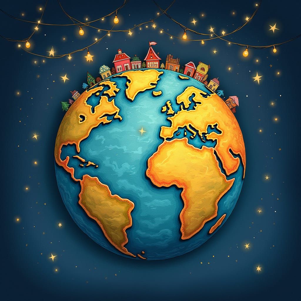 Whimsical Quilt Planet Earth Illustration