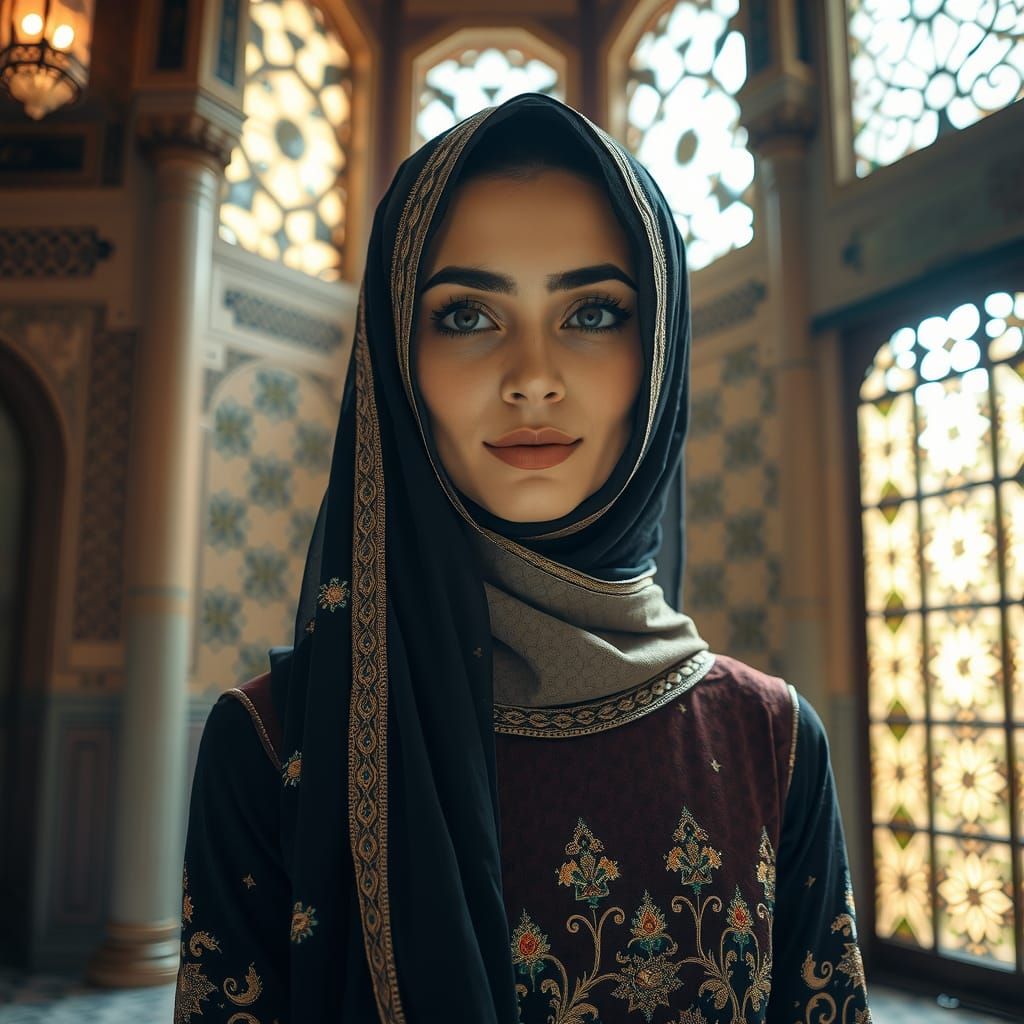 Yemeni Woman in Traditional Dress in Ornate Courtyard