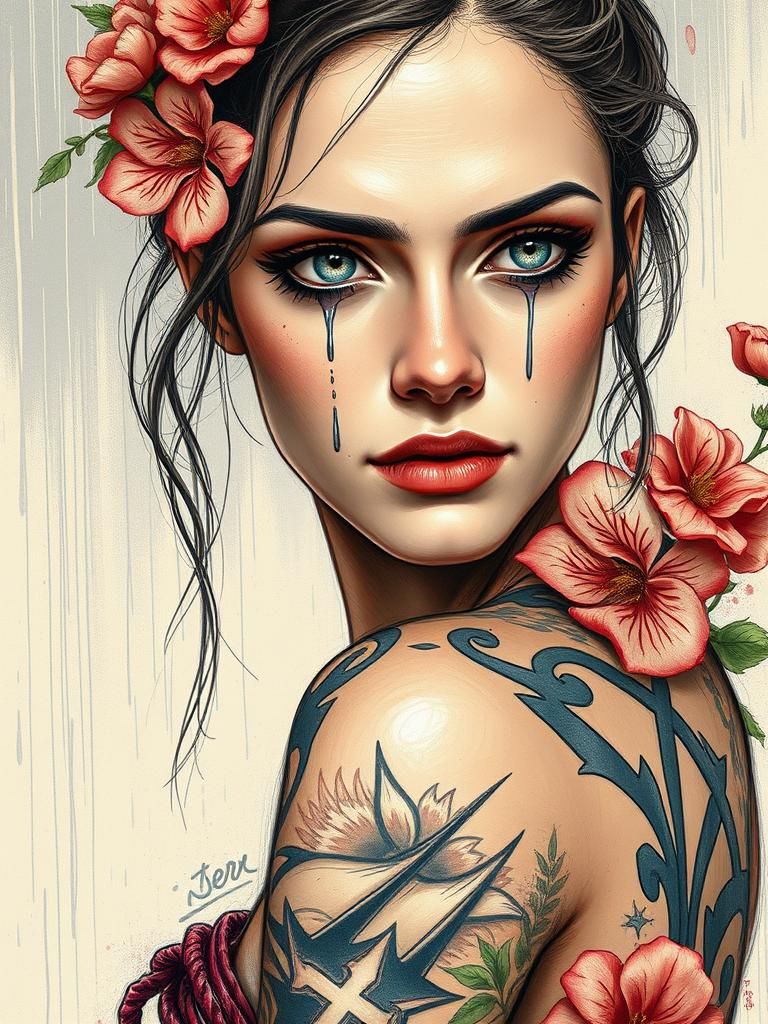 Emotional Portrait of Woman with Tattoos in Sketch Style