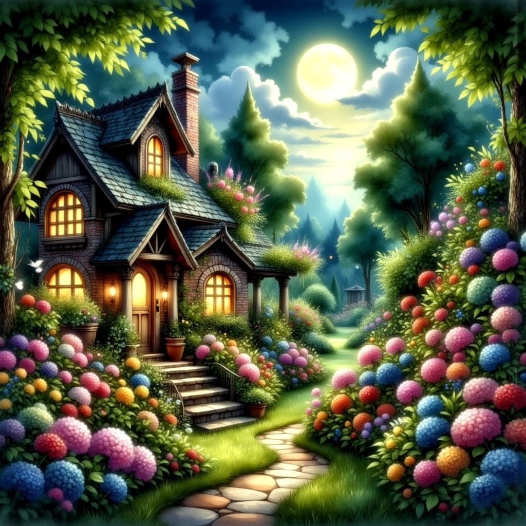 Moonlit Garden with Fireflies in Painterly Style