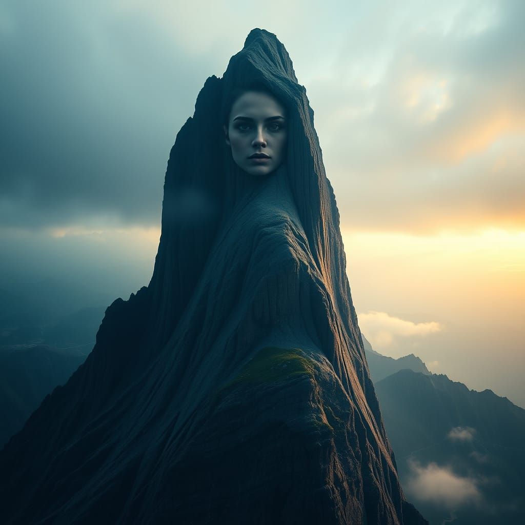 Surreal Mountain Woman Overlooks Fantasy Landscape
