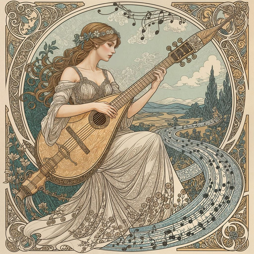 Art Nouveau Bard Playing Lute in Whimsical Landscape