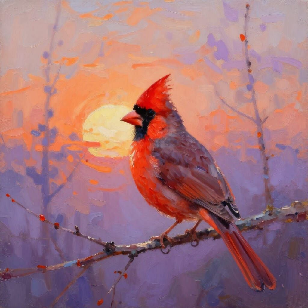 Impasto Painting of Cardinal at Sunrise