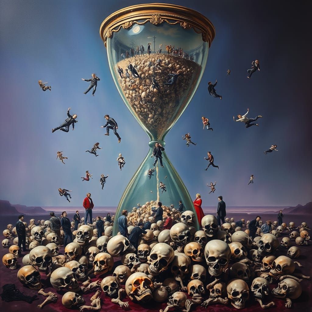 Surreal Hourglass Scene with Melting Forms and Skulls