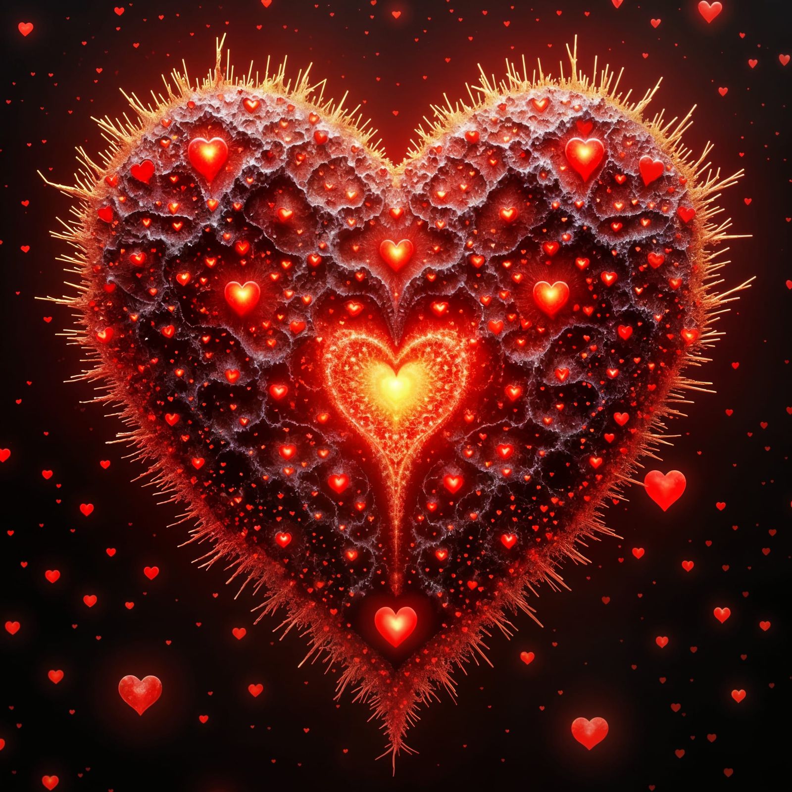 Fractal Heart Design with Red and Gold Sparks