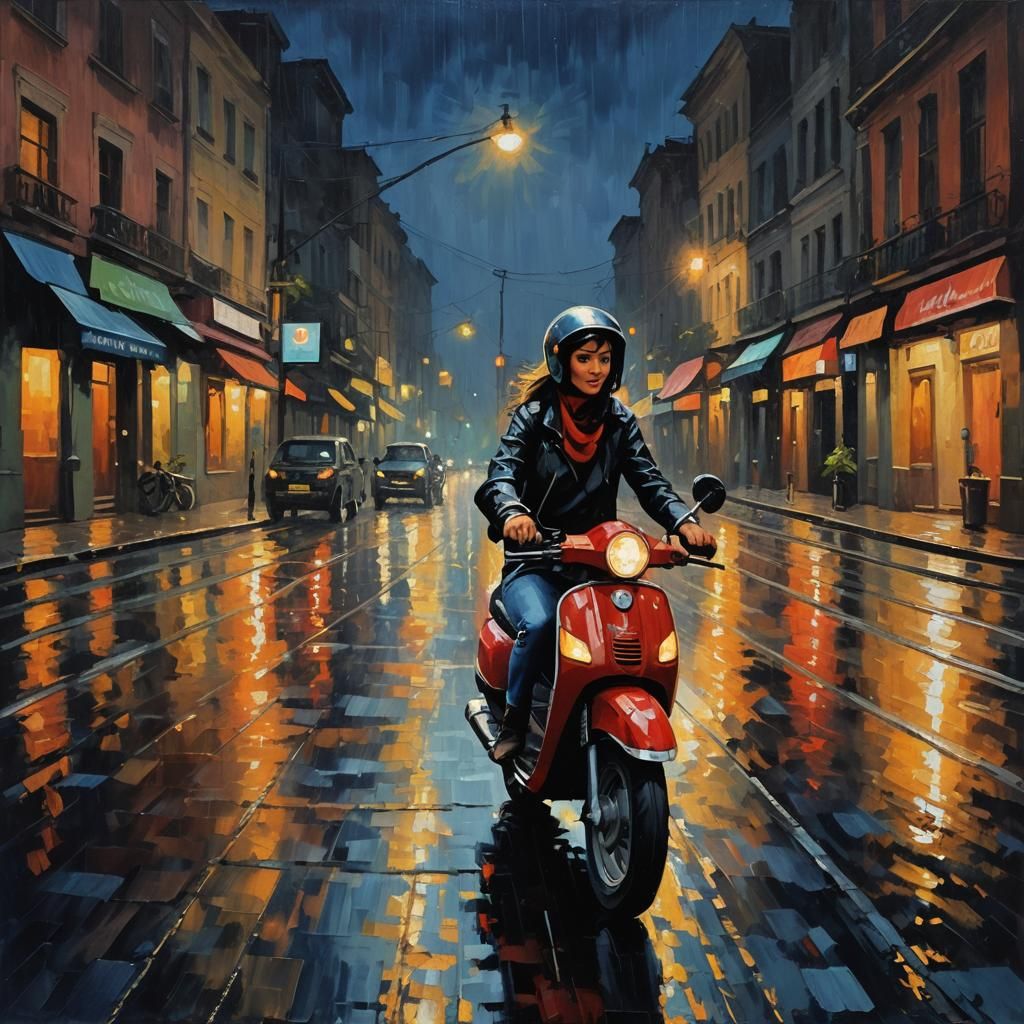 Rainy Night Moped Ride: An Impasto Painting