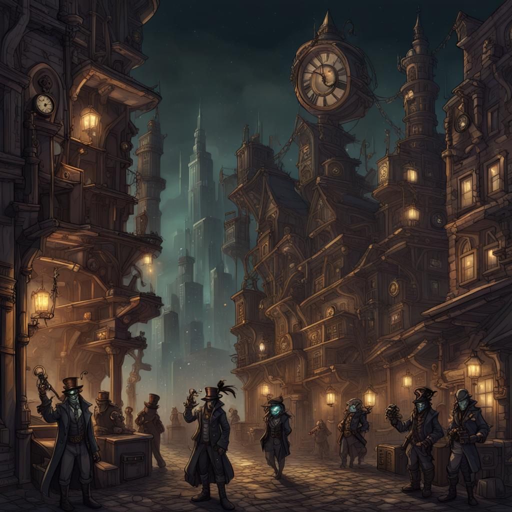 Steampunk Cityscape with Drow Rogues at Night