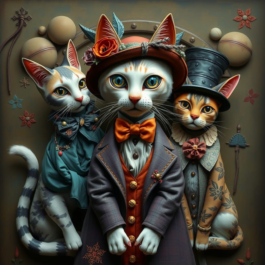 Whimsical Cats in Fancy Clothes: A 3D Folk Art