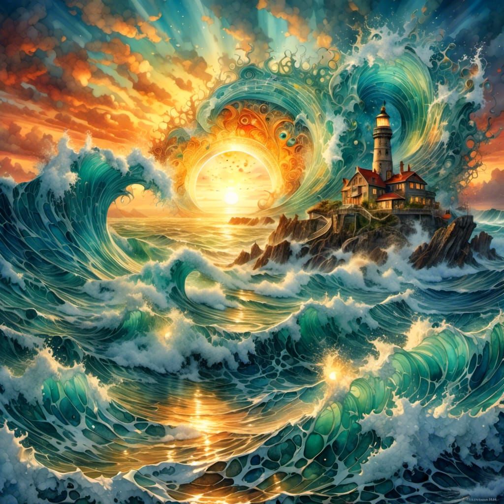 Ocean Sunburst in Digital Watercolor Style