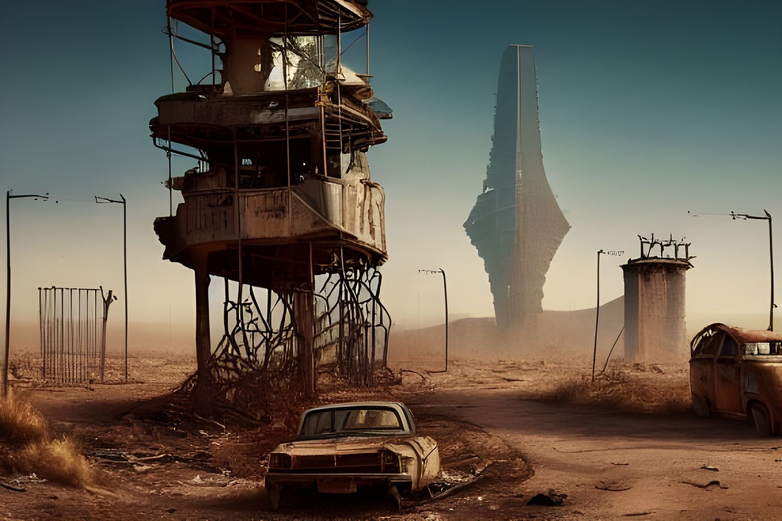 Post-Apocalyptic Scrap Tower in Wasteland Desert Town