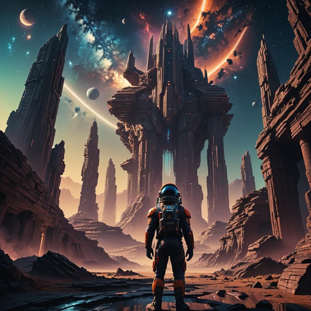 Astronaut at Alien Temple in Cyberpunk Style