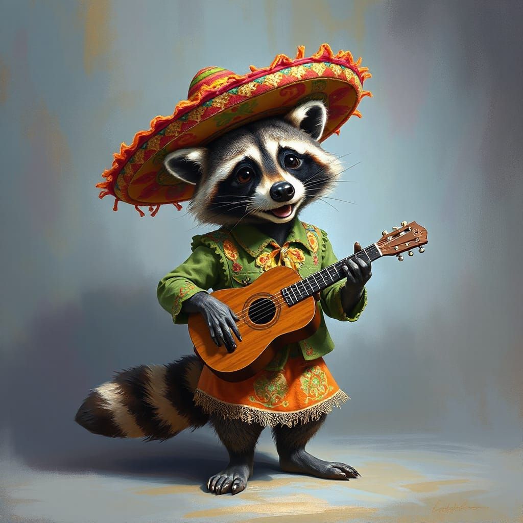 Raccoon Plays Flamenco Guitar in Ornate Costume