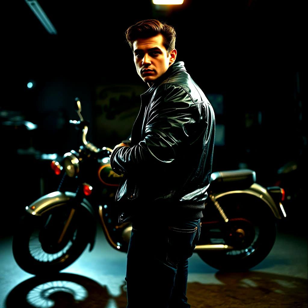 Greaser in Leather Jacket with Vintage Motorcycle