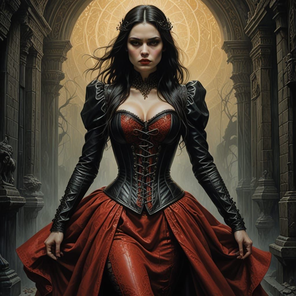 Dark Fantasy Goddess in Red Leather Corset