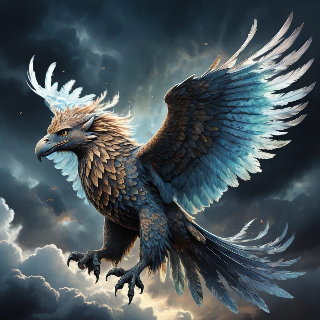 Majestic Griffin Soars Through Stormy Sky in Watercolor