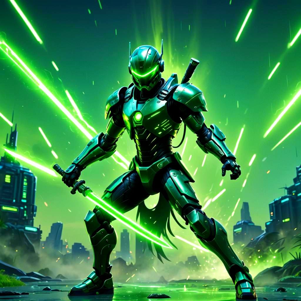 Cybernetic Warrior with Electric Katana in 3D