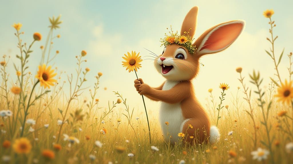 Laughing Bunny in Sunny Meadow, Oil Painting Style