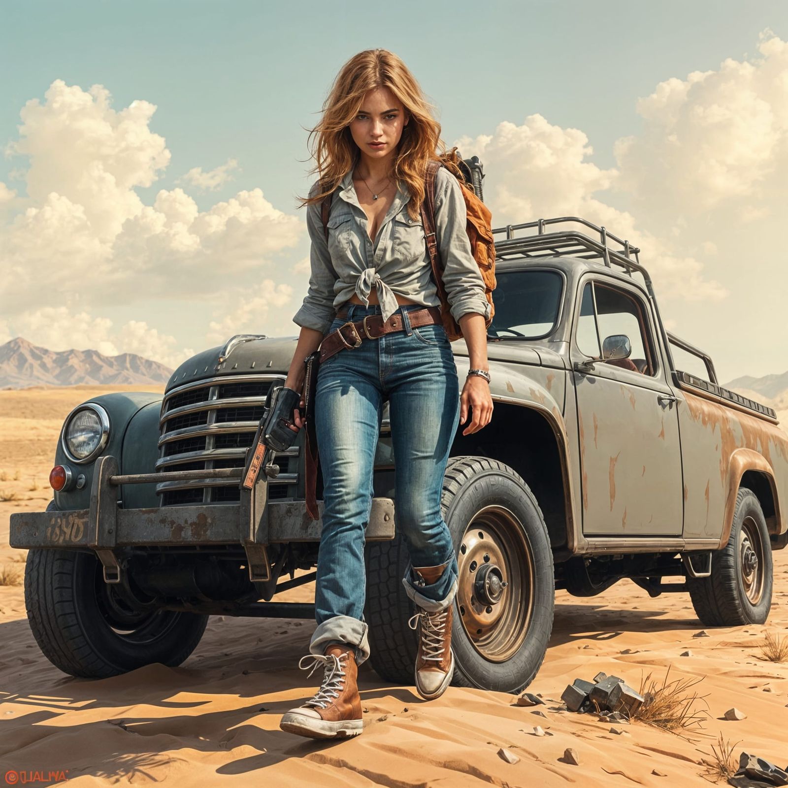 Wasteland Survivor Scavenging in Sci-Fi Desert Landscape