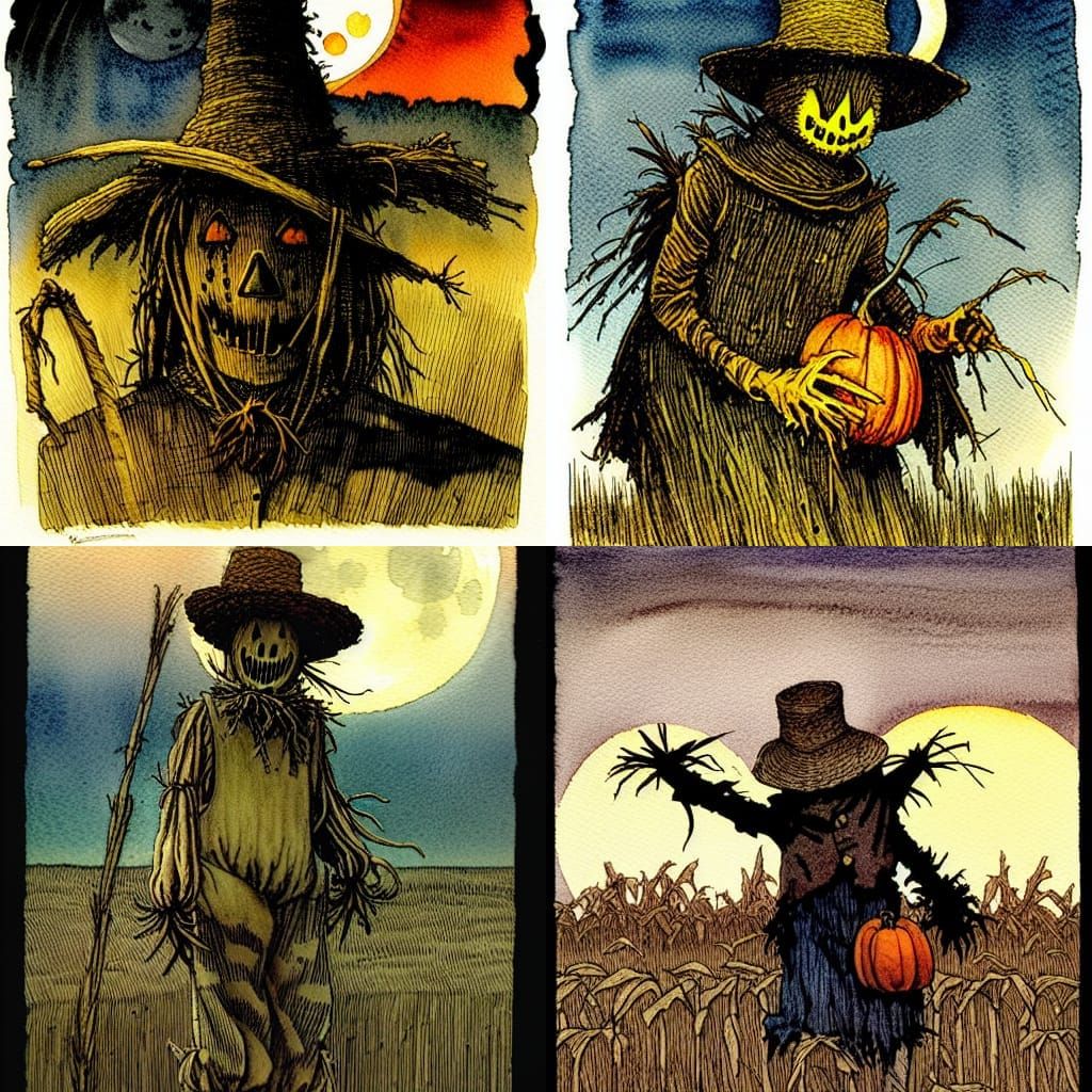 Watercolor Scarecrow Portrait on Halloween Night