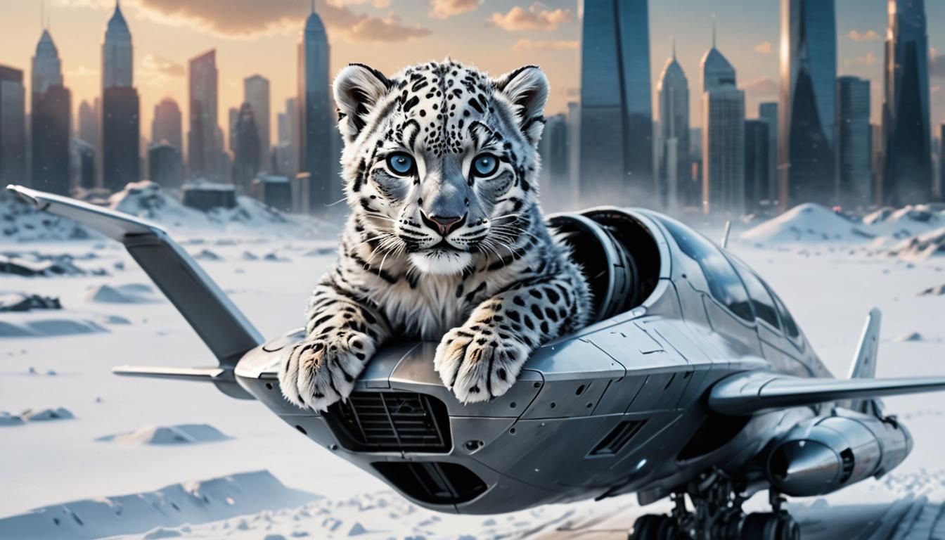 Cyborg Snow Leopard Triumphant on Airplane