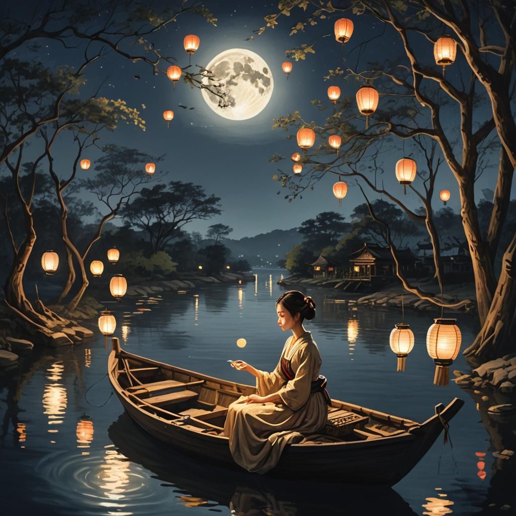 Lantern Lit River Scene at Night