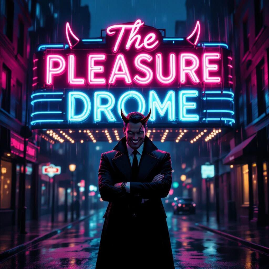 Neon Noir Sign Above Man in Trench Coat