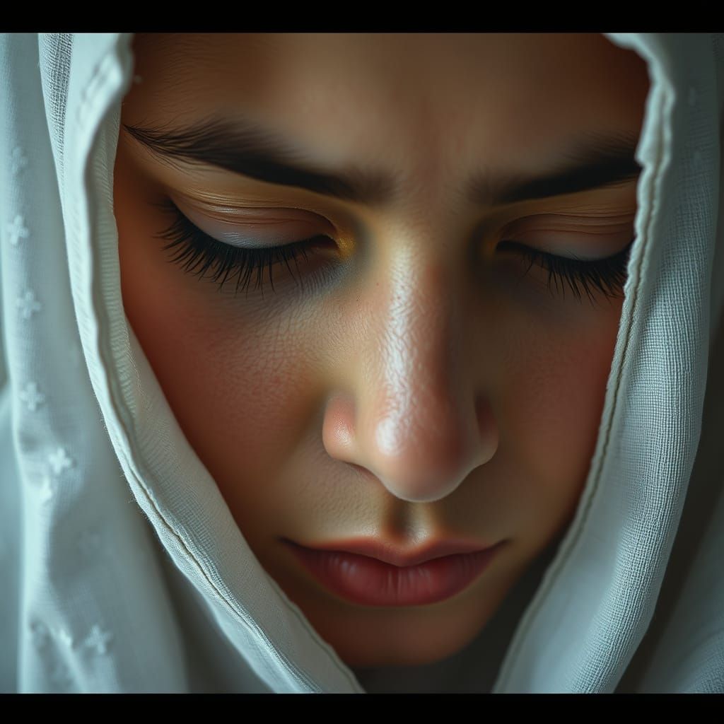 Palestinian Mother's Face in Embroidered Hijab, Photorealist...