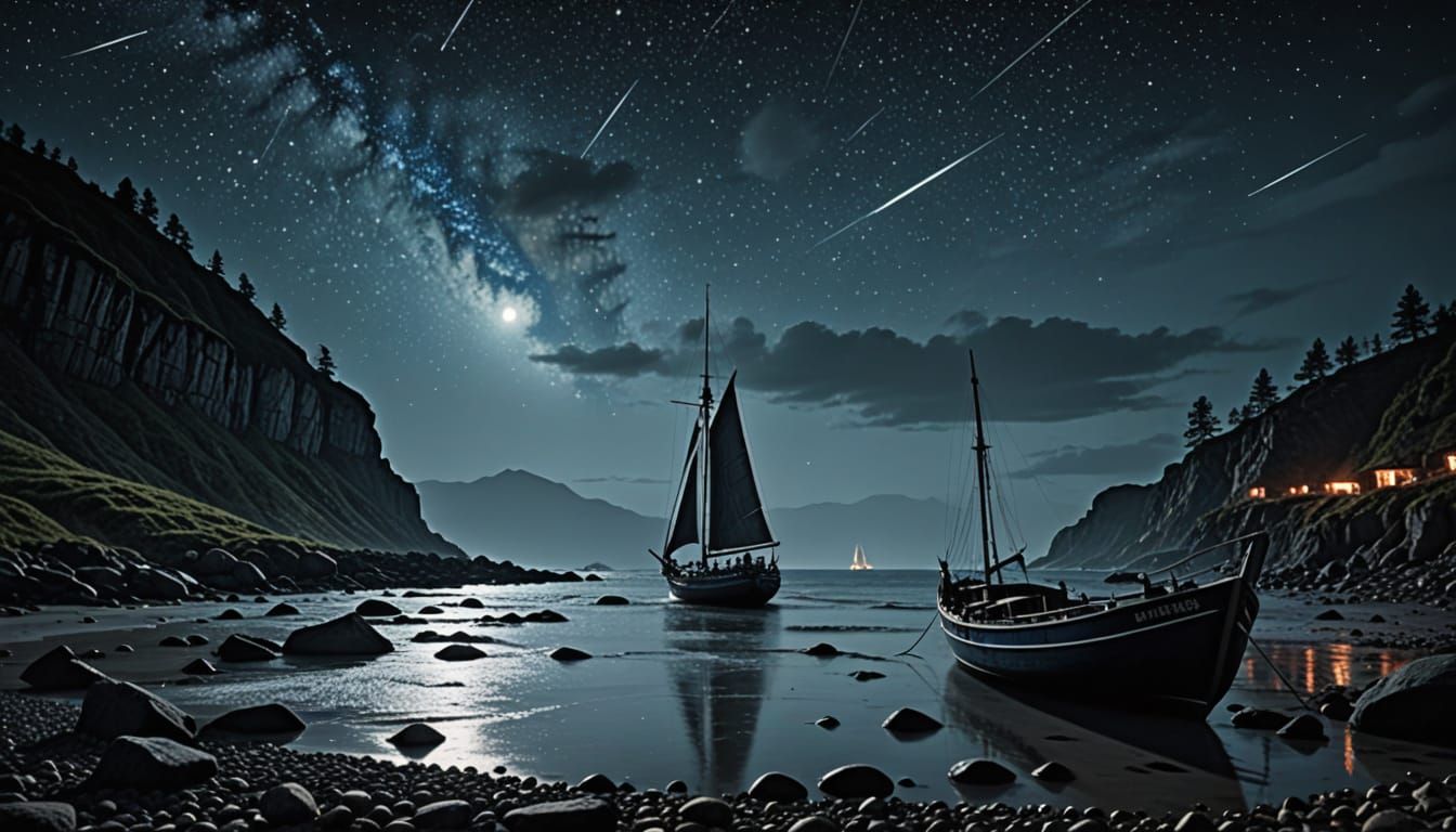 Gentle Nighttime Beach Scene with Weathered Sailboat and Sta...