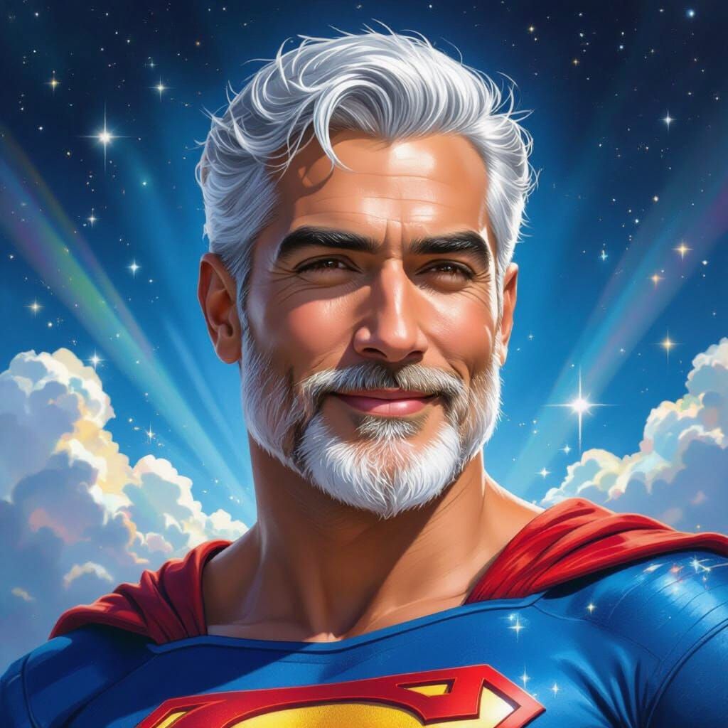 Joyful Superman God Portrait in Cosmic Mixed Media