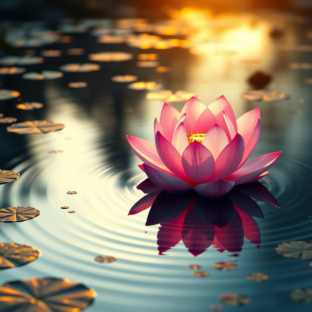 Blooming Lotus Flower in Golden Light, Detailed Matte Painti...