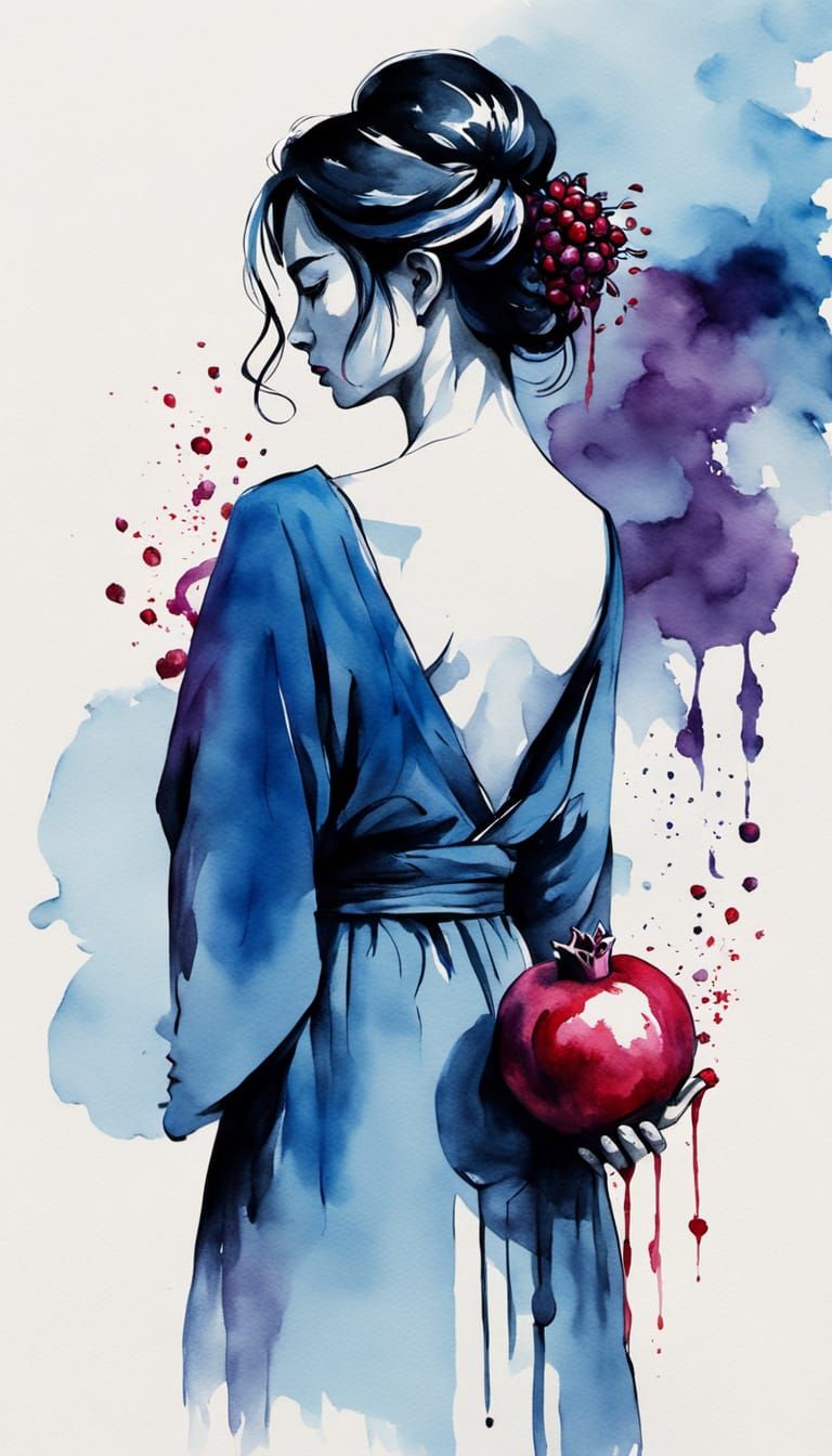 Ethereal Persephone Holds Pomegranate in Sumi-e Style