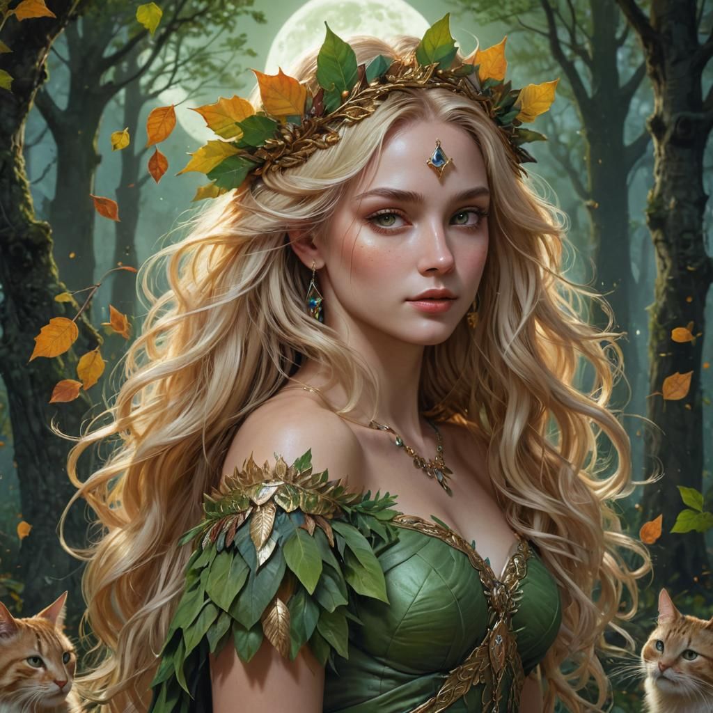 Goddess with Forest Cats in Fantasy Art