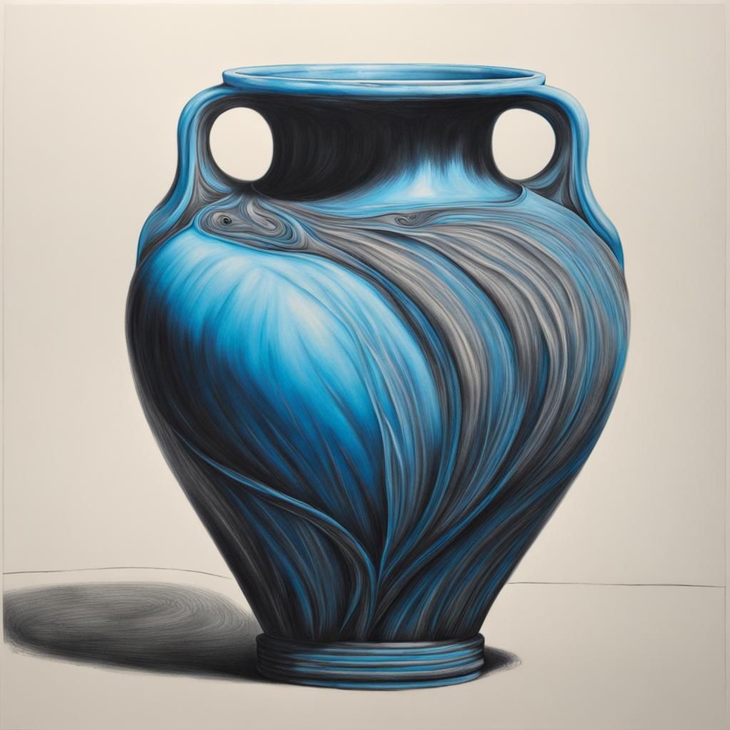 Flame Vase with Blue Water: Charcoal Drawing